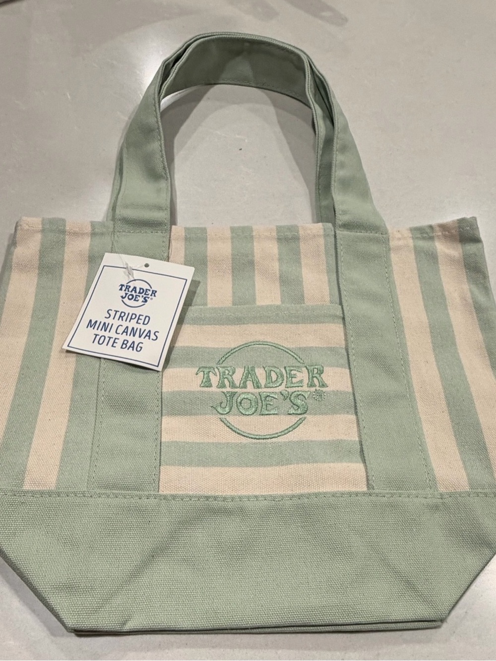 Trader Joe's Striped Mini Canvas Tote Bag in Sage and Cream 💚
